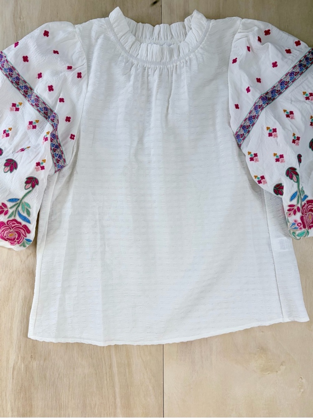 THML Boho White Peasant Top XS Pink Floral Embroidered Puff Sleeve - Picture 6 of 14